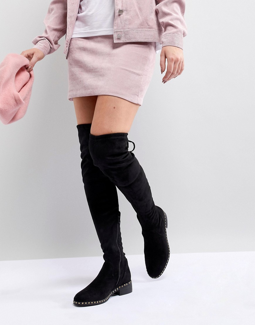 RAID Studded Flat Over The Knee Boots - Black