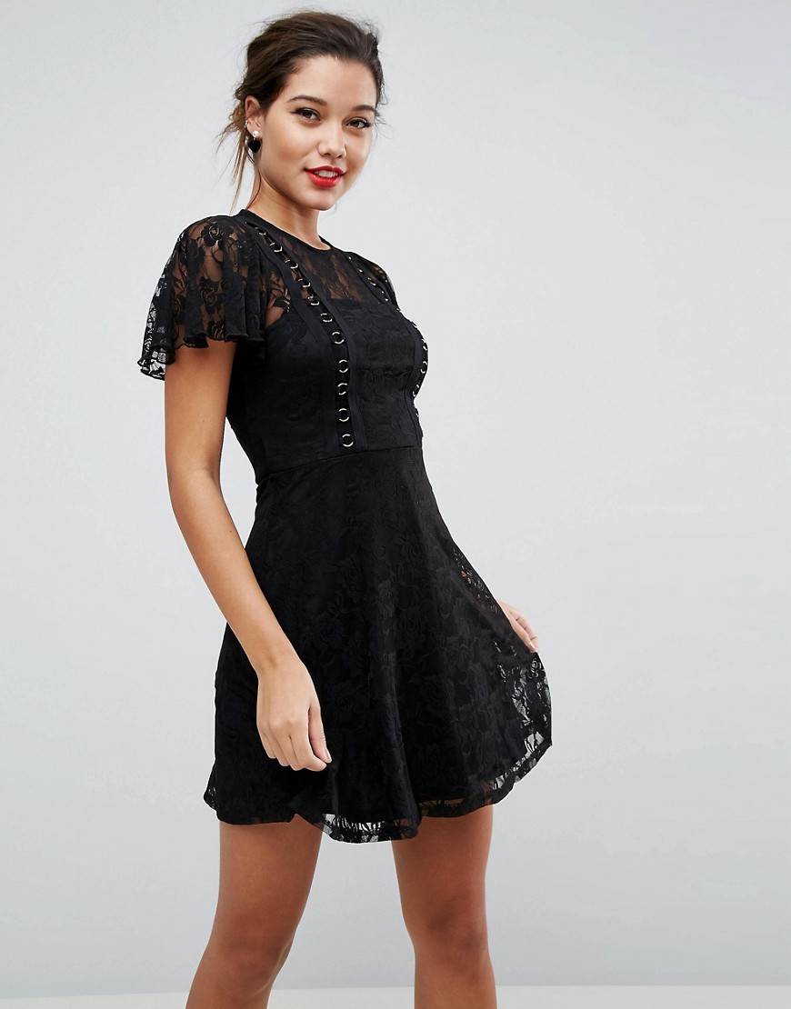 ASOS Mini Lace Skater Dress with Eyelets - Black