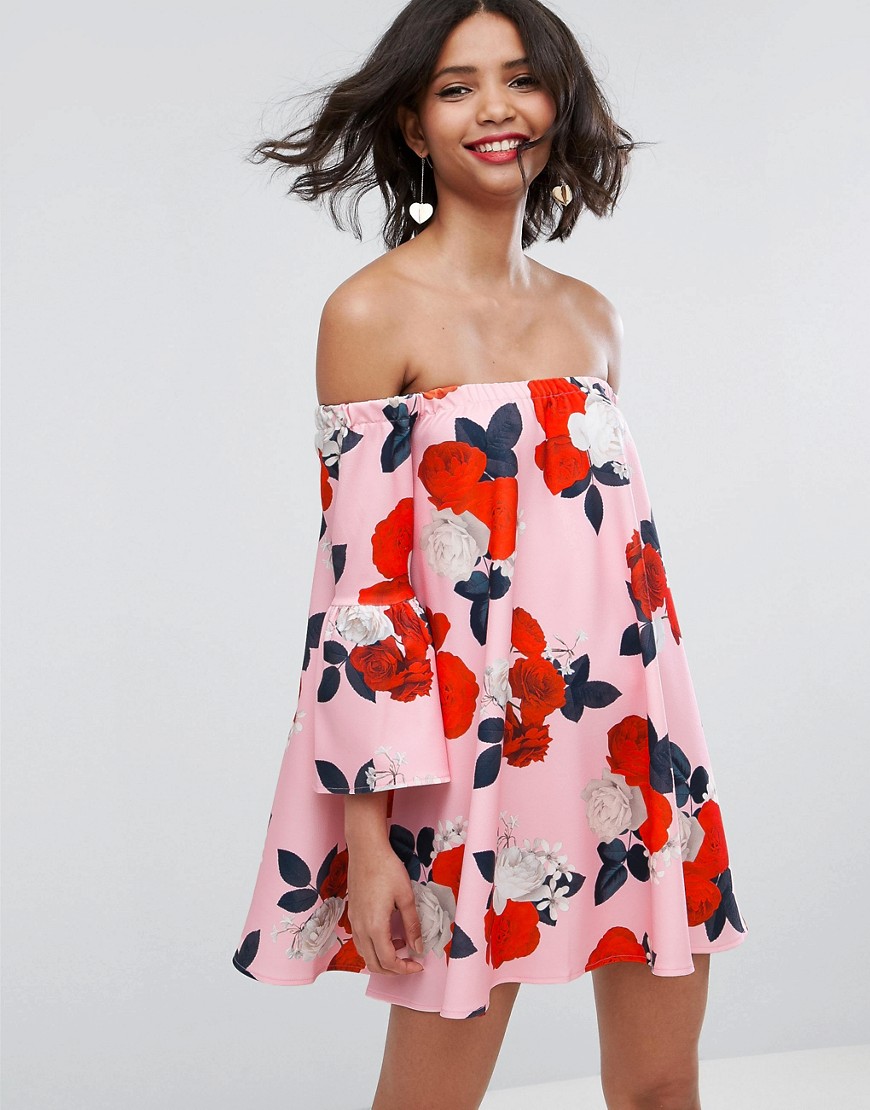 Asos Floral Off The Shoulder Dress ASOS DESIGN Ruffle Off Shoulder Midi  Dress In Green Based