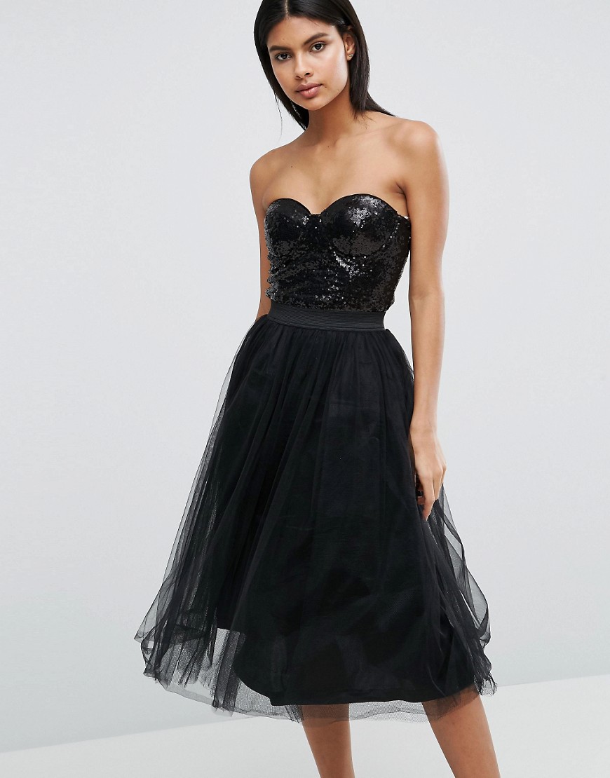 Rare London Sweetheart Tulle Midi Dress With Sequin Bodice - Black