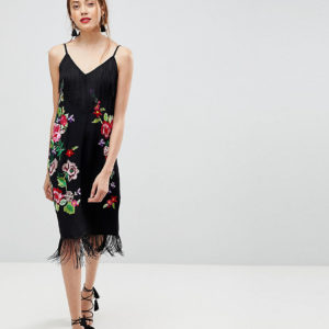 ASOS TALL PREMIUM Embroidered Slip Cami Dress With Fringing - Multi