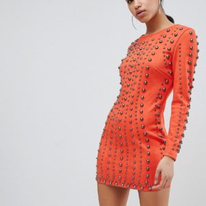 Club L Long Sleeve Stud Scuba Bodycon Dress - Orange