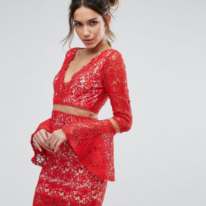 Love Triangle Lace Midi Dress With Flared Sleeves - Navy