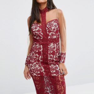 Love Triangle Longsleeve Midi Dress in Lace - Black