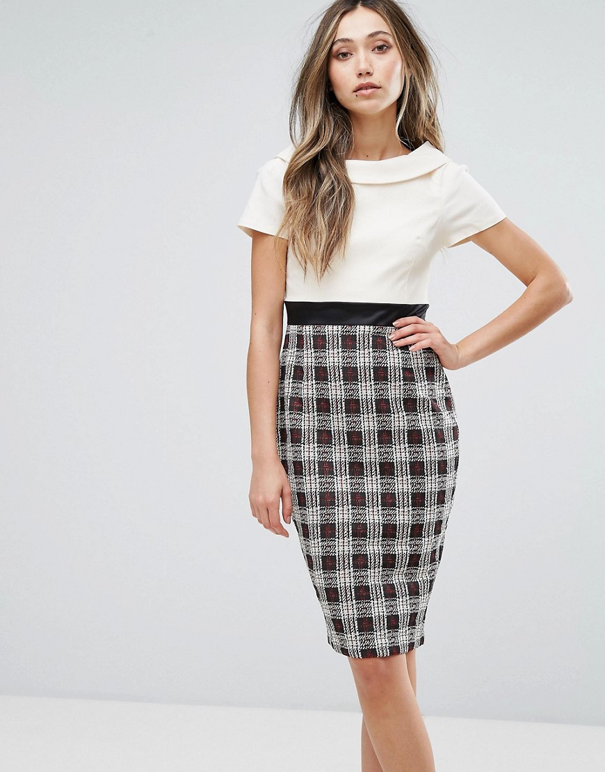 Vesper Two-In-One Pencil Dress With Checked Skirt - Cream