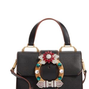 Miu Miu Madras Crystal Embellished Leather Top Handle Bag - Black