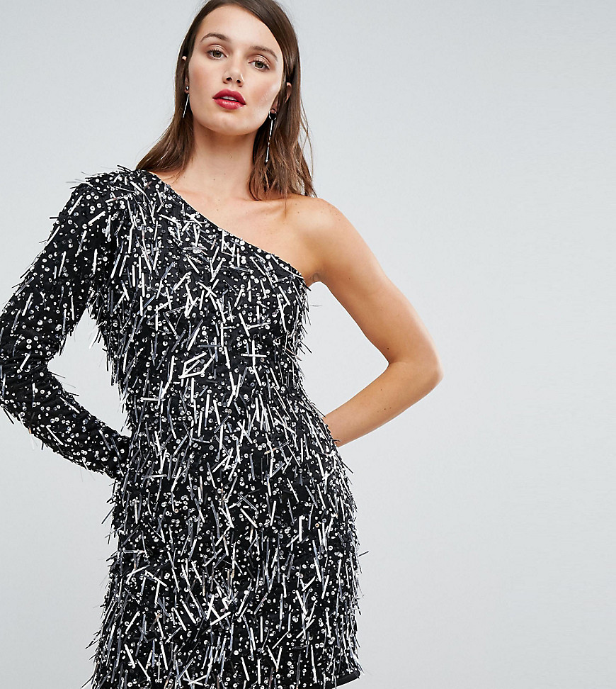 A Star Is Born One Shoulder Mini Dress In 3D Embellishment - Black