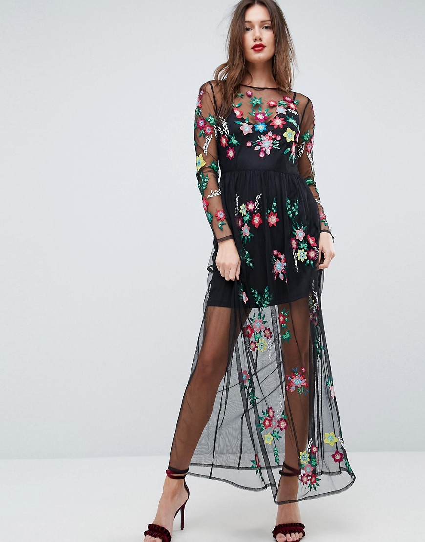 ASOS PREMIUM Mesh Maxi Dress with Floral Embroidery - Black